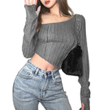 Long Sleeve T-shirt Fashion Solid Color Oblique Shoulder Irregular Exposed Navel women tops - girl tops