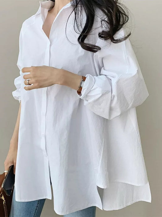 ZANZEA Women Blouse Autumn White Shirts Fashion Lapel Long Sleeve Buttons Asymmetrical Tops Baggy Solid Blusas Women Casual - Women Tops