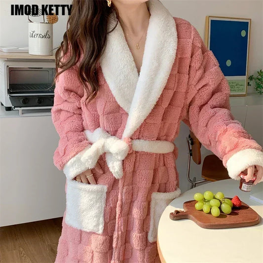 Fashion Korean Female Nightdress Bathrobe Nightgown Lounge Homewear Autumn Winter Flannel Warm Robe Thicken Nightwear women sleep