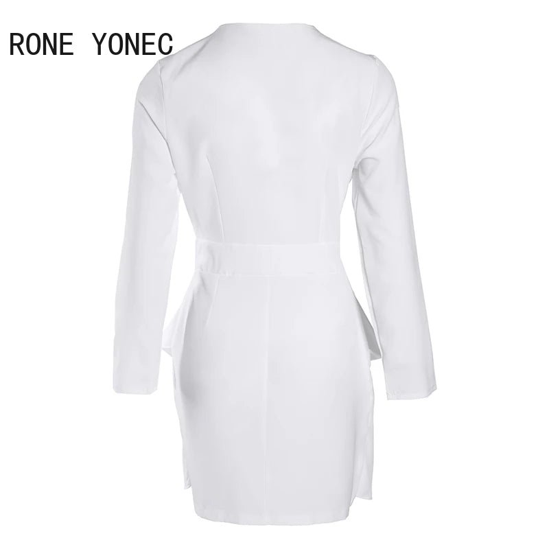 Woman Chic Elegant Long Sleeves Deep V Neck Mini A-Line Ruffles Formal Party & Working White Dresses Women Dress For Work