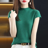 Vintage Half High Collar Sleeve Knitted T-shirt Spring Summer Versatile Pullover Bottoming Korean Fashion Women Short - Women Casual - Women Tops