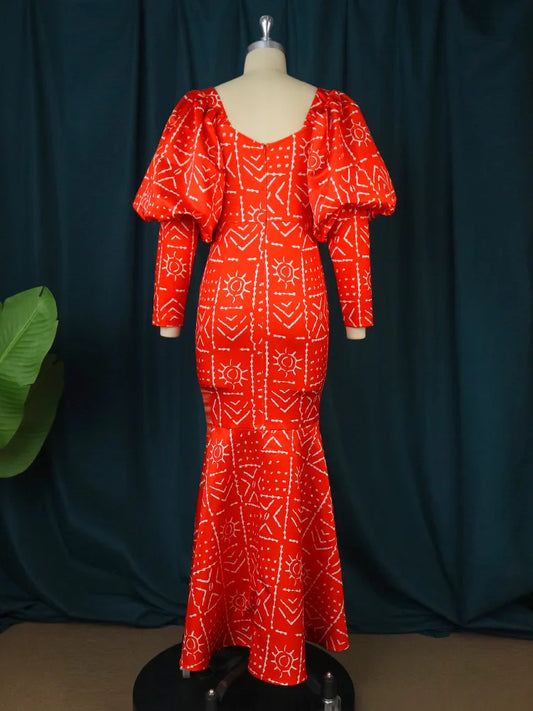 Long Dresses Long Lantern Sleeve Red Printed High Waist Mermaid Evening Cocktail Party Event Gowns Outfits 4XL Women Prom - Women Plus Size Cloth