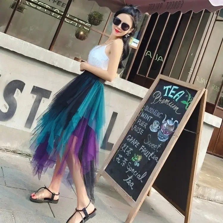 Gradient Color Irregular Tulle Skirt Spring and Summer High Waist Bubble Skirt Long Woman Skirts Mujer Faldas Saias Mulher Women Short