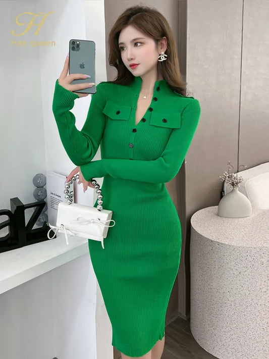 H Han Queen Autumn Winter Bottoming Office Pencil Elastic Knitted Dress Woman Sheath Dresses Work Party Bodycon Vestidos Women Plus Size Clothing - Women Work Dress