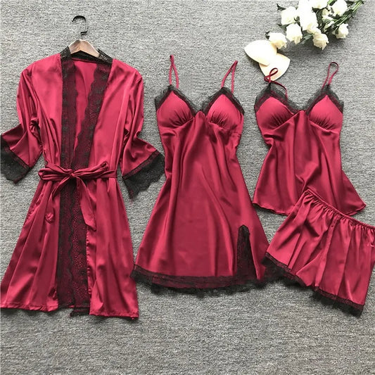 Women's Pajamas Sets Satin Sleepwear Silk 4 Pieces Nightwear Pyjama Strap Lace Sleep Lounge Pajama with Chest Pads Gifts women lounge