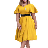 Elegant Solid Color Plus Size European And American Party Dress Summer OL Style Flared Sleeves High Waist Belted  Large Hem A-Li Women Short - Women Dress For Work