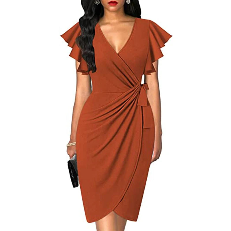 OTEN Women's Deep V-neck ruffle sleeve pleated irregular dress casual summer cocktail party work belt wrap hip dress Women Work Dress - Women Tops