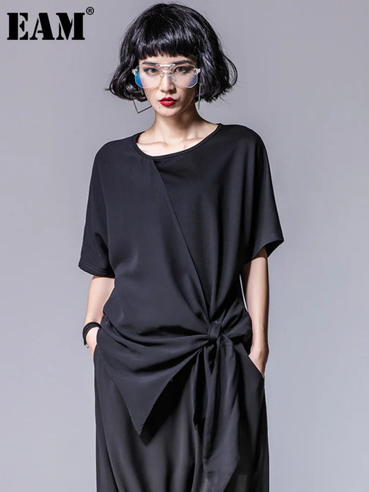 Women Black Asymmetric Chiffon Pleated Big Size T-shirt New Round Neck Short Sleeve Fashion Spring Summer Women Tops & Tees