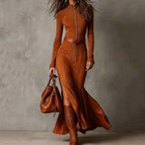 Women's Western Shirt Dress Ruched Wrap Maxi Dress High Slit Ruffle Hem Long Sleeve Flowy Chic Elegant Outing Dress