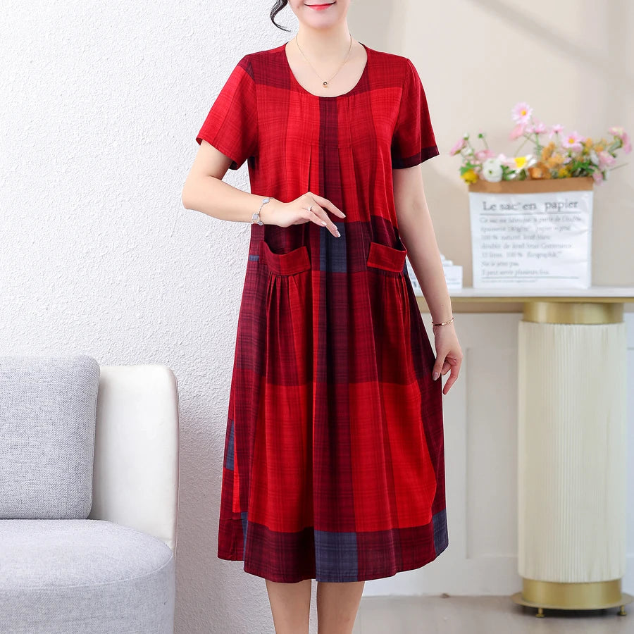 New Casual Fashion Summer Dress For Woman Short Sleeve Mid-Calf Loose Waist O-Neck Robe Femme Plaid Dresses Women Casual - Women Prom