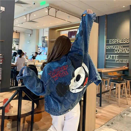 Cartoon Clothing Mickey Printed Denim Jacket Women's Spring And Autumn Loose Preppy Style Large Size Jacket Cartoon Top women casual