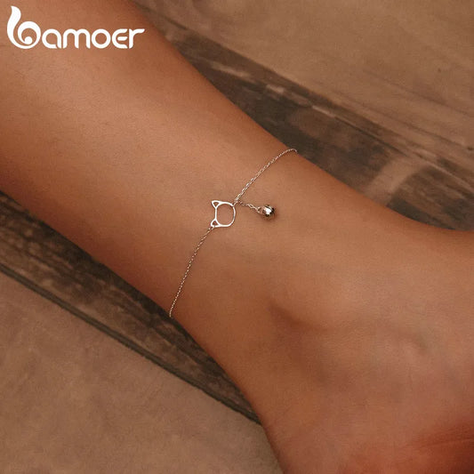 Foot Anklet Simple Bell And Cat for Ankle Real Solid 925 Sterling Silver Anklets women jewellery