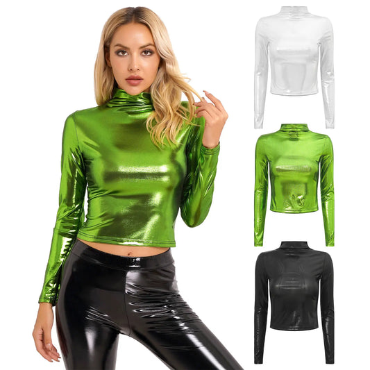 Womens Metallic Long Sleeve T-Shirt Fashion Shiny Top Slim Fit Mock Neck  Cocktail Dancing Party Club Music Festival Costume girl tops - girl short
