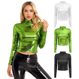 Womens Metallic Long Sleeve T-Shirt Fashion Shiny Top Slim Fit Mock Neck  Cocktail Dancing Party Club Music Festival Costume girl tops - girl short