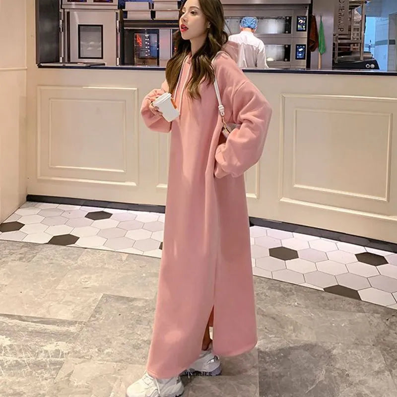 Plus Size 6XL 150kg Winter Woman Fleece Dress Loose Waist Long Sleeve Long Dresses Ladies Big Size Dress Women Casual