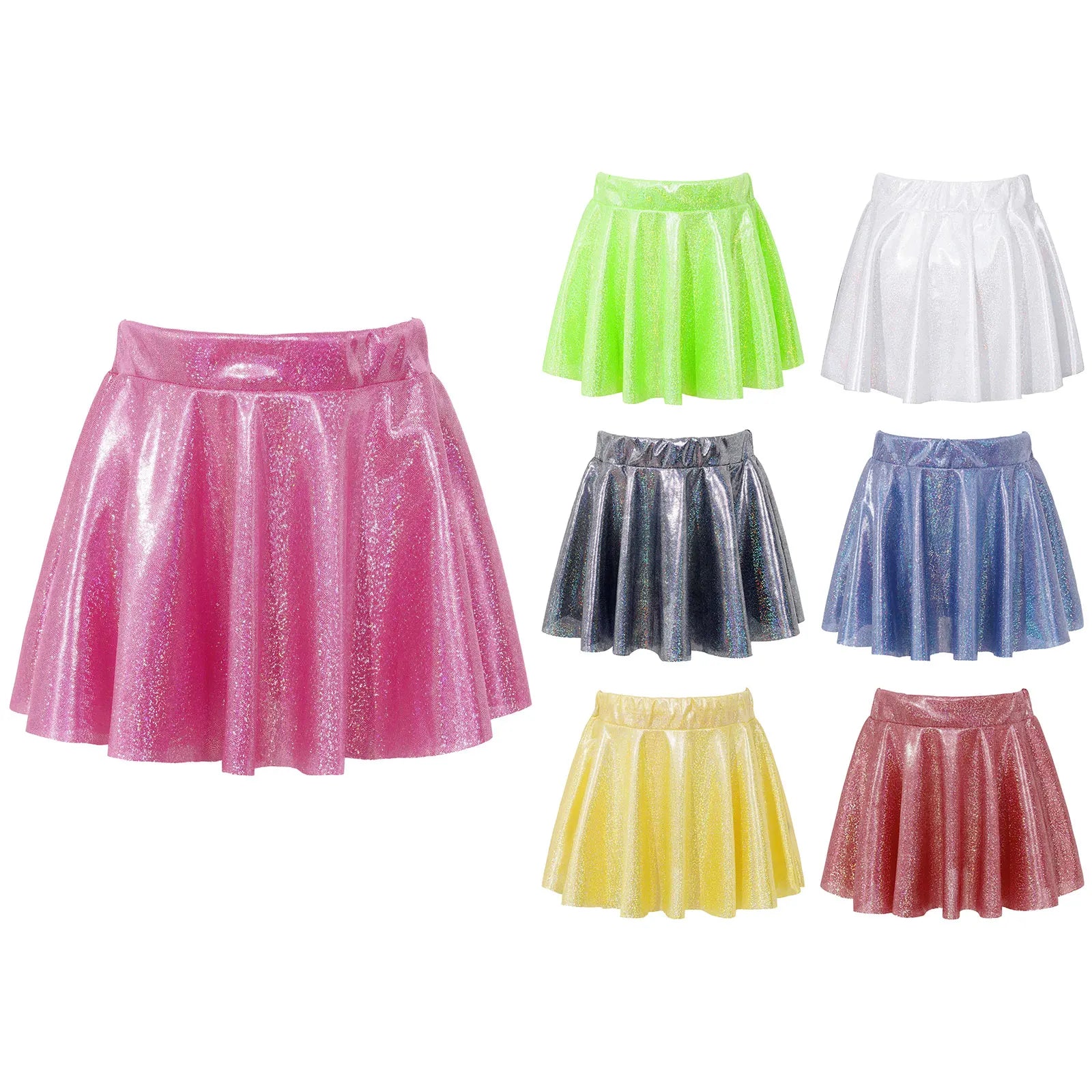 Fashion Glossy Shiny Sequins Flared Pleated A-Line Mini Skater Kids Elastic Waistband Scooter Miniskirt Dancewear Girl Skirt