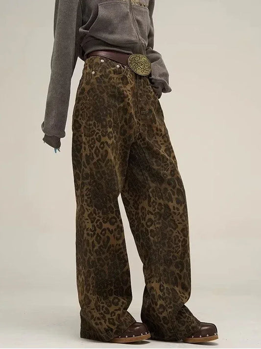 HOUZHOU Tan Leopard Denim Pants Female Oversize Wide Leg Trousers Streetwear Hip Hop Vintage Clothes Loose Casual Women Jeans - Girls Jeans