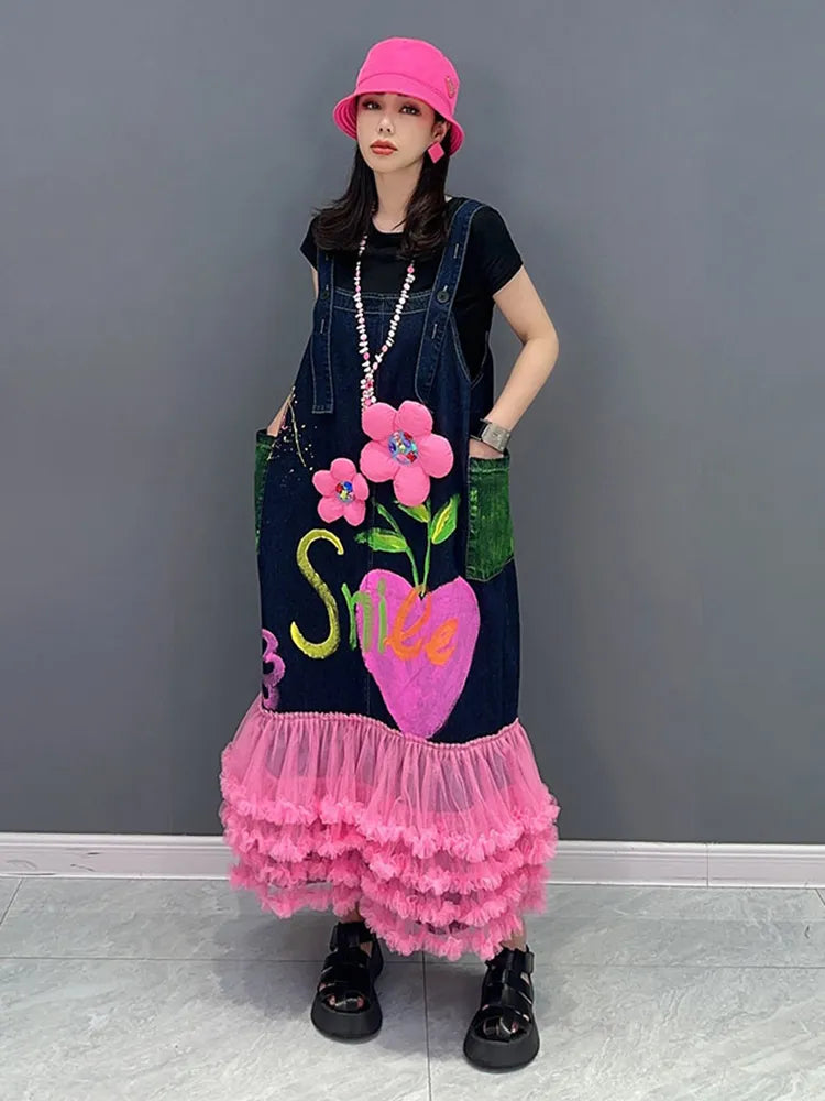 SHENGPALAE Fashion Chic Strap Dress Flower Spliced Blue Pink Denim Panel Mesh Robe Women's Summer New Clothing Women Casual