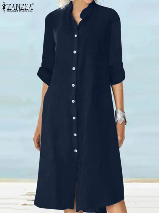 ZANZEA Spring Fashion Shirt Dress Woman Long Sleeve Loose Sundress Buttons Down Work Vestido Midi Dresses Robe Femme Women Work Dress