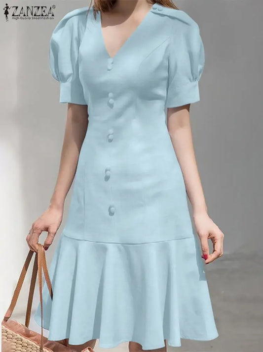 Summer Short Puff Sleeve Dress Elegant V Neck Solid Ruffles Hem Knee-length Sundress Fashion Work OL Vestido Kaftan Women Dress For Work