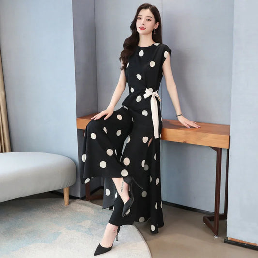 Women's Chiffon Sport Suit Summer New Fashion Polka Dot Wide Leg Pants Crop Two Piece Set For Women Plus Size Clothing - Women Prom - Women Dress For Work