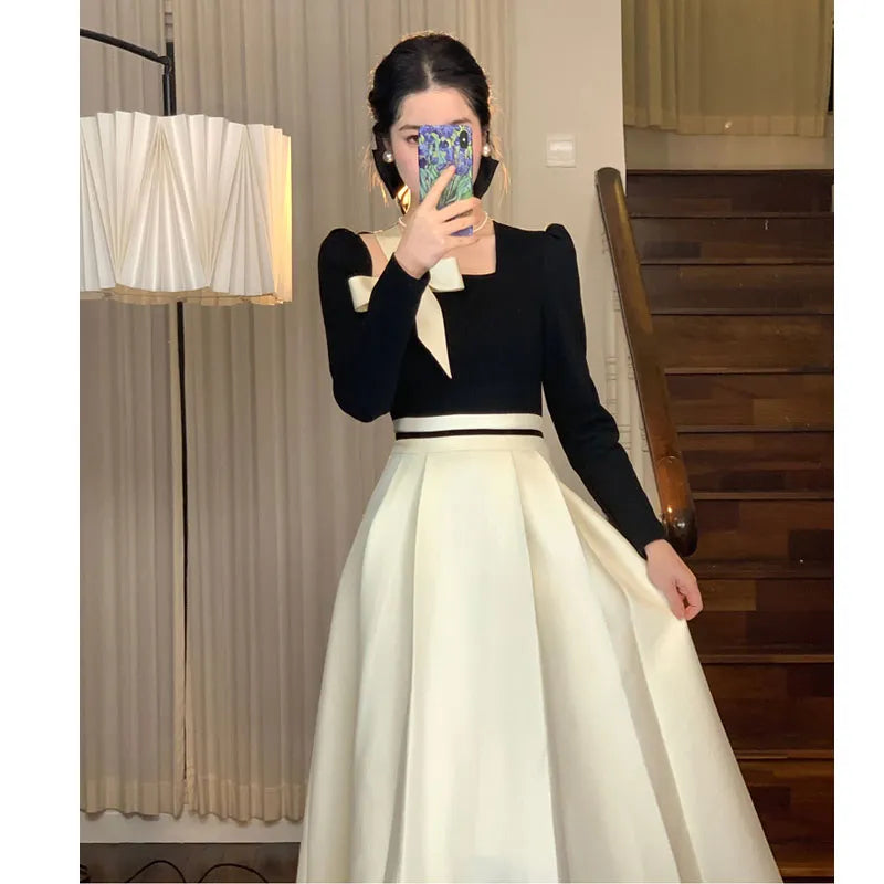 Elegant Hepburn Women's Dresses Spring Korean Fashion Chic Square Collar Bow Long Sleeve Vestidos Patchwork Prom A-Line Dress women prom - women contemporary