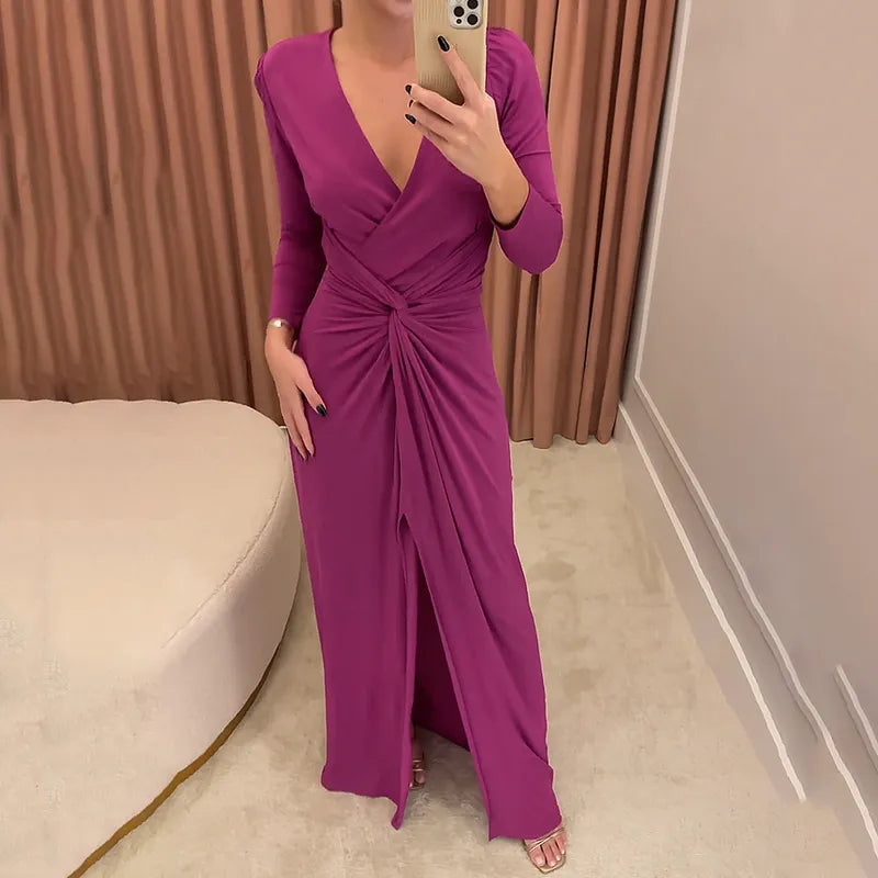 LIYONG Woman Maxi Dress Summer Fashion Solid V Neck Slit Long Sleeve Pleated Nipped Waist Slim Sexy Evening Party Long Dresses Women Prom
