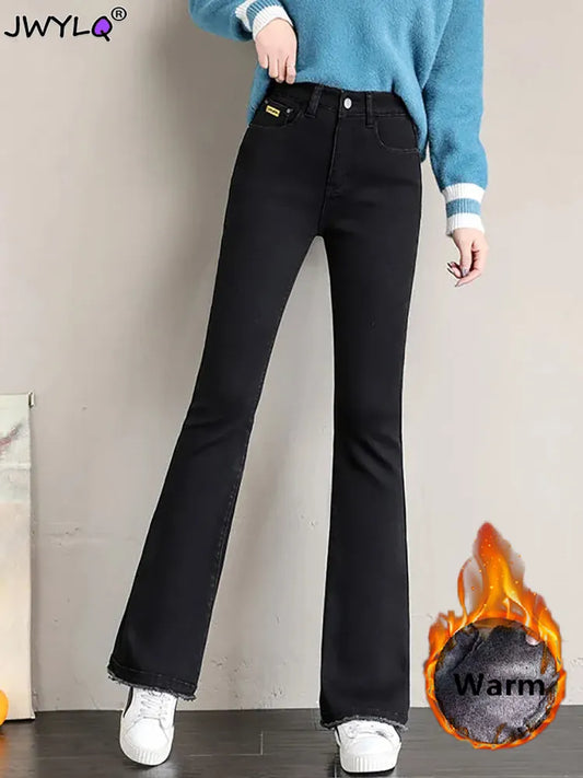 Vintage Plush Lined Flare Jeans Women New Winter Warm Casual Skinny Vaqueros Thicken Stretch Denim Pants High Waist Bell-bottoms Women Jeans