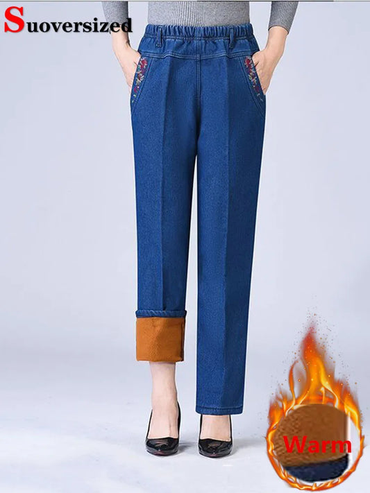 Winter Velvet Lined Baggy Jeans Straight Pants Mom Plush Elastic High Waist Vaqueros Pantalones Vintage Warm Thick Denim Broek Women Jeans