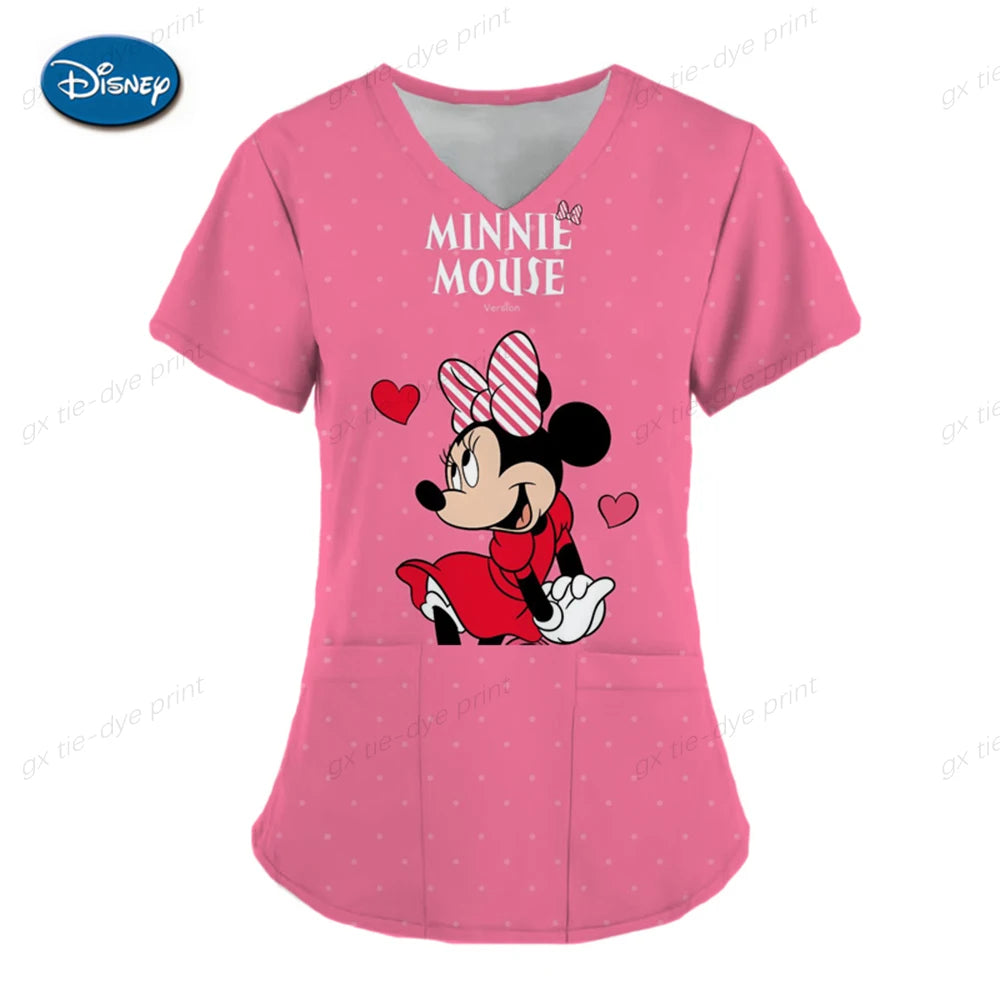 Disney Mickey Minnie Women's Nurse Uniform Scrub Top Cartoon Print Clinic Nursing Protective Nurse Uniform Shirt women short - women casual - women prom - girl short