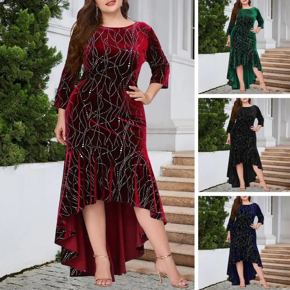 Round Neck Dress Elegant Women Plus Size Cloth Maxi Dress for Party with Three Quarter Sleeve Irregular Hem Lady Maxi Dress Women Prom