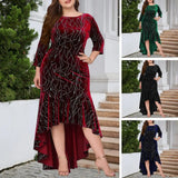 Round Neck Dress Elegant Women Plus Size Cloth Maxi Dress for Party with Three Quarter Sleeve Irregular Hem Lady Maxi Dress Women Prom