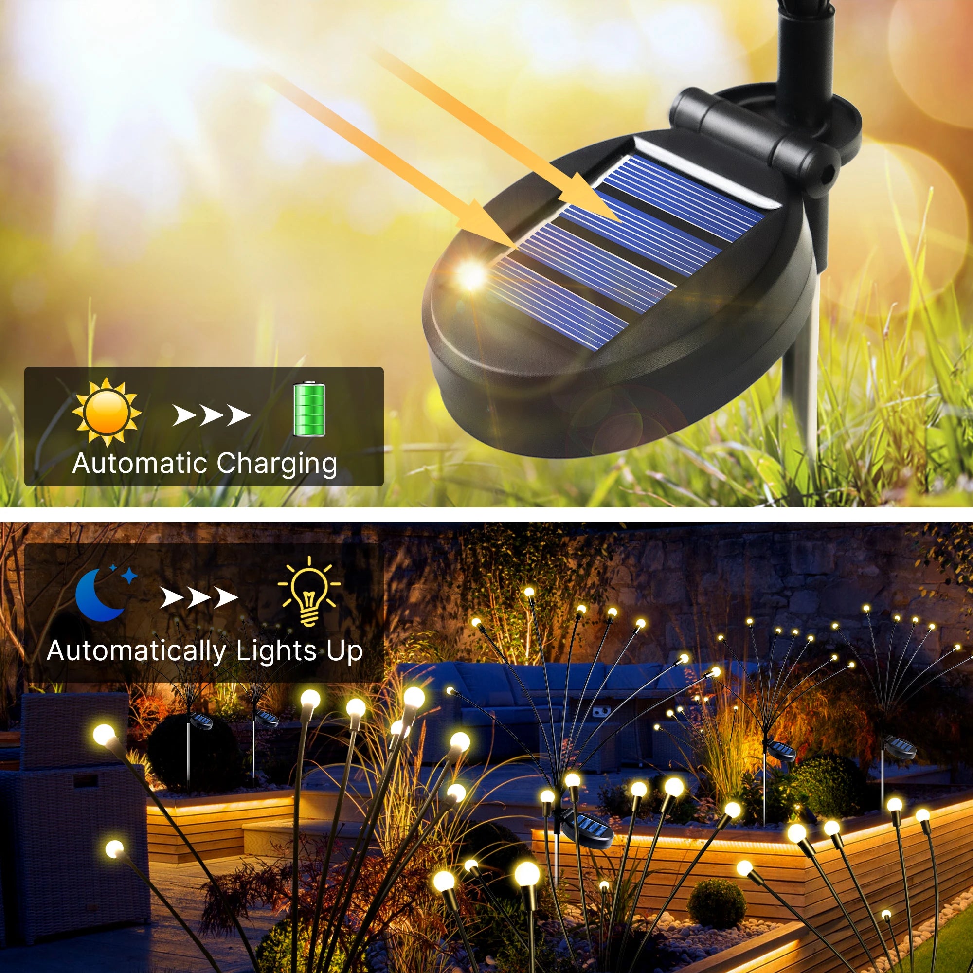 2Pcs 8LEDs Warm Solar Outdoor Garden Lights Powered Firefly Lights Waterproof Starburst Lawn Lamp for Path New Year Decoration - Patio Lawn
