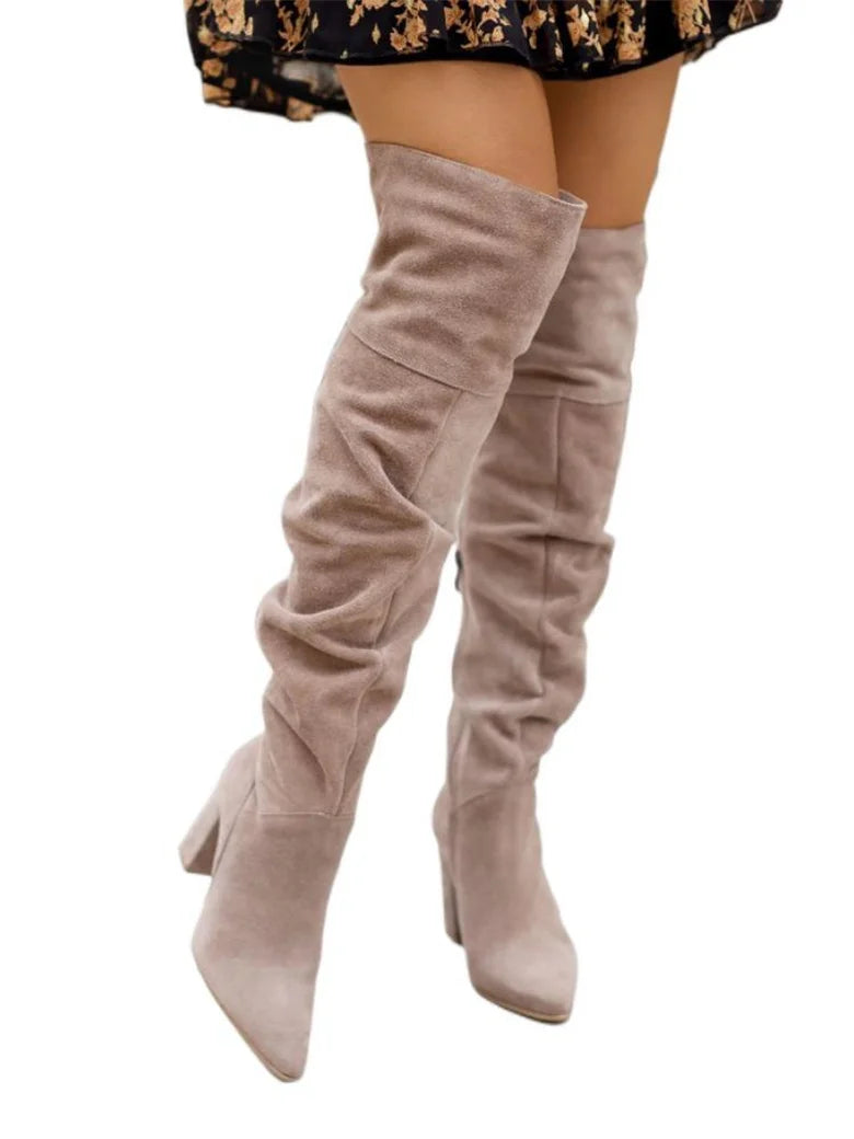 Winter Designer Luxury High Heels Plus Size  Faux Suede Elegant Pointed  Kover The Knee Boots Women Shoes