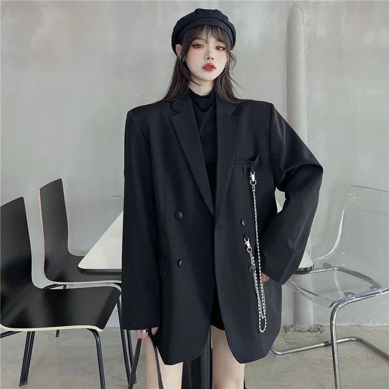 Women Fashion Double Breasted Loose Blazer Korean High Street Long Sleeve Suit Jacket Black Notched Collar Ladies Outerwear Women Coats