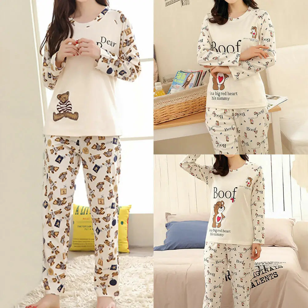 Ladies Women's Pyjamas Pj Set Long Sleeve Top Cartoon Cute Bear Nightwear Lounge Wear Pyjama 2 Pieces Suit Fashion Homewear Women Lounge