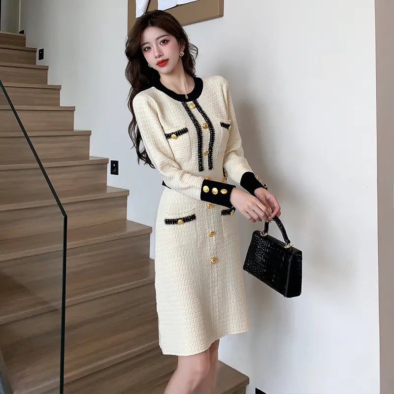 New Autumn Winter Fashion Knitted Women Midi Dresses with Long Sleeved O-neck Elegant Chic Office Lady Party Dress Women prom