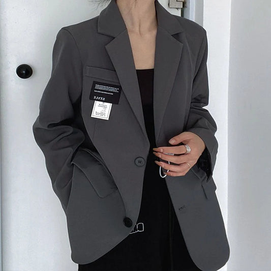 Blazers Women Autumn Korean Elegant Soft Coat Office Lady Solid Harajuku Loose Pocket Single Breasted Trendy Fashion Suit Women Blazers - Women Suiting