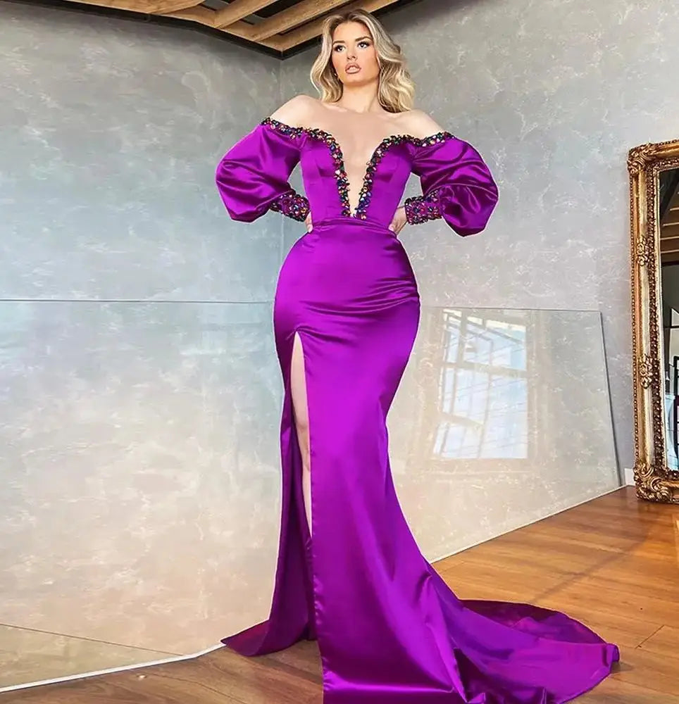 Purple Satin Crystal V Neck Off Shoulder Evening Party Gown For Woman Long Sleeves Dress Slit Vestido De Noche Women Plus Size Clothing - Women Prom