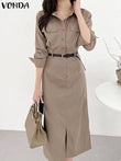 Office Dress VONDA Elegant Women Summer Long Sleeve Long Shirt Sundress Robe 2023 Fashion Dress Casual Solid Color Midi Vestidos