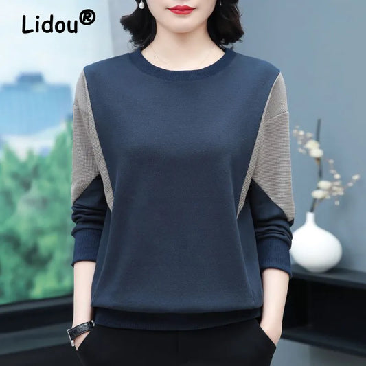 Korean Simple Style Patchwork Long Sleeve Loose Cotton Ladies Spring Autumn Women's Casual All Match T-shirts Clothing women tops