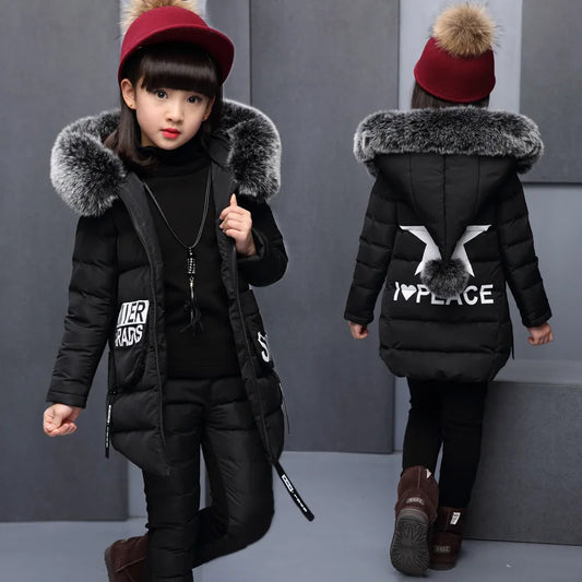 Clothing Sets For Russia Winter Hooded Vest Jacket + Warm Top Cotton Pants 3 Pieces Clothes Coat With Fur Hood girl jacket