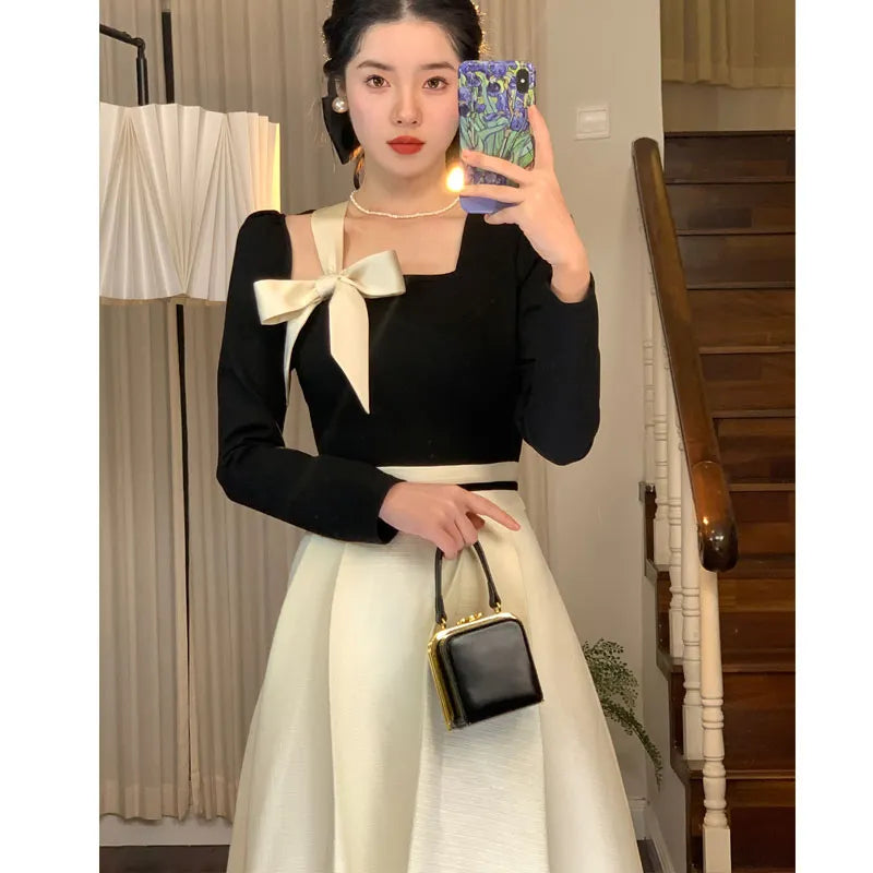 Elegant Hepburn Women's Dresses Spring Korean Fashion Chic Square Collar Bow Long Sleeve Vestidos Patchwork Prom A-Line Dress women prom - women contemporary