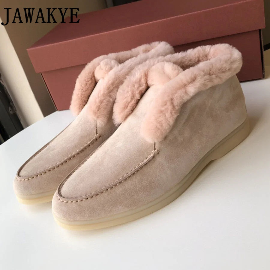 Luxury Natural Wool Fur Winter Short Snow Suede Leather High Top Moccasins Plus Size Flat Girls Shoes