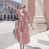 New Fashion French Tea Break Style Waist Wrapped Shirt Dress Summer Fat mm Mid length Slim Age Reducing Fairy Dress Women Prom