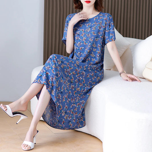 New Fashion Short Sleeve Summer Dress For Women O-Neck Print Flower Loose Dresses Women Casual - Women Tops - Women Plus Size Clothing - Women Sleep