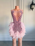 Luxury Sheer Neckline Woman Cocktail Dress Pink Feather Black Girl Short  Dresses For Birthday Party Women Prom