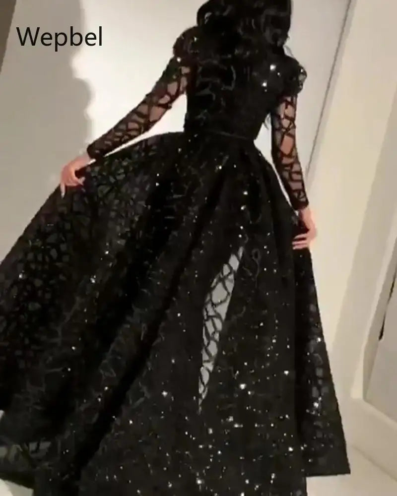 WEPBEL Sequined Expandable Evening Gown Dress Summer Woman Party Dress Long-Sleeved High Waist Big Swing Black Dresses Women Prom