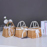 Straw Tote Rattan Weaving Baske Pearl Handle Beach Ribbons Clutch women handbags