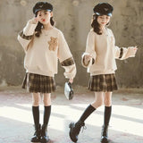 Autumn winter teenager bear hoodie t-shirt + plaid spring JK pleated skirt uniform  4 5 6 7 8 9 10 11 12-year Girl Skirt